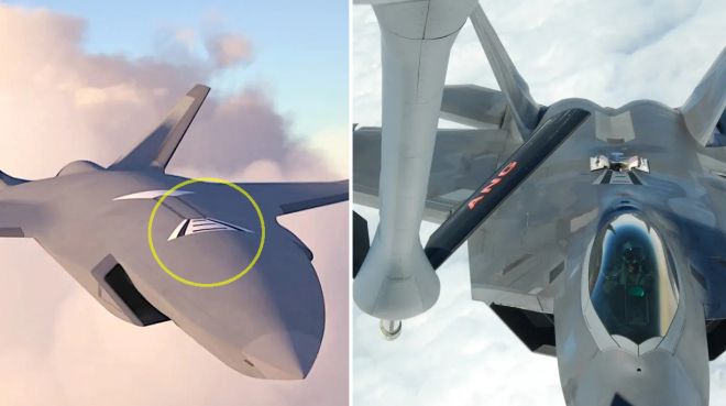 왼쪽은 보잉이 공개한 홍보 영상 속 MQ-28 고스트 배트로, 기체 상부에 공중급유구(노란색 동그라미)로 추정되는 부분이 있다. 오른쪽은 미 공군 F-22 랩터가 KC-135 급유기로부터 공중급유를 받는 장면으로, 유사한 위치에 급유용 도색 표식이 확인된다. 출처=보잉·미 국방부