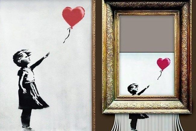 뱅크시의 대표작 ‘풍선과 소녀’. 2018년 소더비 경매에서 액자 속 분쇄 장치가 작동해 절반이 잘려 나가며 ‘사랑은 쓰레기통에’라는 새 이름으로 불리게 됐다. 오른쪽은 분쇄 직후 모습. 자료사진
