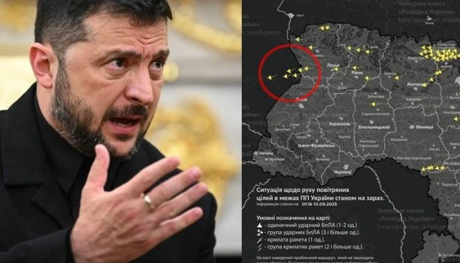 볼로디미르 젤렌스키 우크라이나 대통령과 우크라이나 공습 상황을 보여주는 지도. 빨간 원 표시된 드론 무리가 폴란드 영공을 넘어간 것으로 알려졌다. AFP 연합뉴스 자료사진