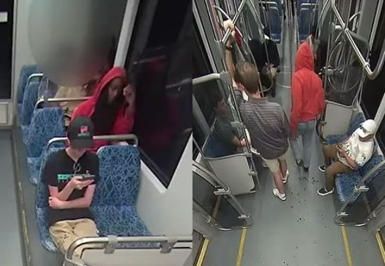 (왼쪽) 범행 직전 경전철 내부 모습. 앞좌석에 앉은 우크라이나 난민 이리나 자루츠카와 뒷좌석의 가해자 데카를로스 브라운 주니어. (오른쪽) 범행 후 승객들 사이를 지나 현장을 떠나는 가해자의 모습. 샬럿교통공사·데일리메일 영상 캡처
