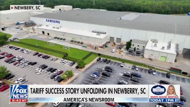 미국 사우스캐롤라이나주 뉴베리에 있는 삼성 세탁기 공장 전경. 트럼프 행정부가 2018년 한국산 세탁기에 최대 50% 고율 관세를 부과하자 삼성은 현지에 5억 달러를 투자해 이 공장을 세웠고, 현재 1600명 이상을 고용하고 있다. 출처=폭스뉴스