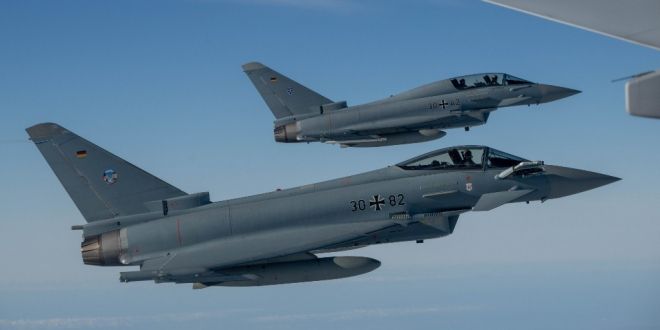 독일 공군 유로파이터 전투기가 동부전선 초계 임무에 나서고 있다. 나토는 ‘이스턴 센트리’ 작전을 통해 다양한 전력을 추가 배치했다. 출처=나토 브룬숨 합동군 사령부 엑스(X)