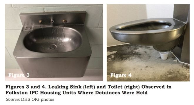 한국인 구금된 미국 이민 당국 시설 내부 - 미국 이민 당국에 체포된 한국인 300여명 중 대부분이 수감된 미국 조지아주 포크스턴의 이민세관단속국(ICE) 시설. 싱크와 변기에서 물이 새고 있다. 이 사진은 2021년 11월 진행된 미국 국토안보부(DHS)의 감사 당시 촬영됐다. 2025.9.6 미 국토안보부