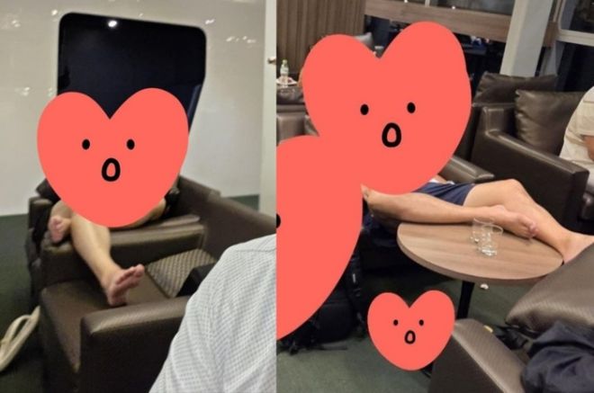 베트남 다낭 공항 라운지에서 포착된 한국인 관광객. 테이블에 다리를 올려놓고 쉬는 등의 행동으로 민폐 논란이 일었다. 커뮤니티 캡처
