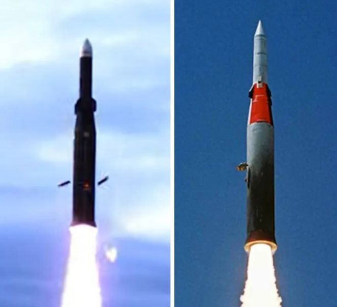 대만의 신형 치앙궁 요격미사일(왼쪽)과 이스라엘의 애로우-2(오른쪽) 발사 장면 비교. 외형과 제원이 유사하다는 평가가 나온다. NCSIST·IAI