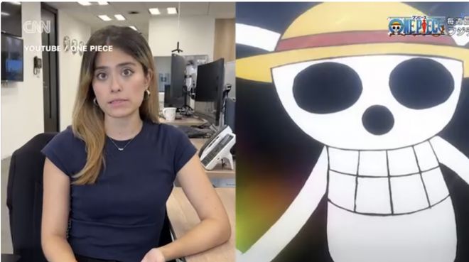 하나코 몽고메리 CNN 도쿄 특파원이 ‘원피스’ 속 밀짚모자 해적단 깃발, ‘졸리 로저’가 청년 시위대의 상징으로 쓰이는 현상을 설명하고 있다. CNN·유튜브 원피스 캡처