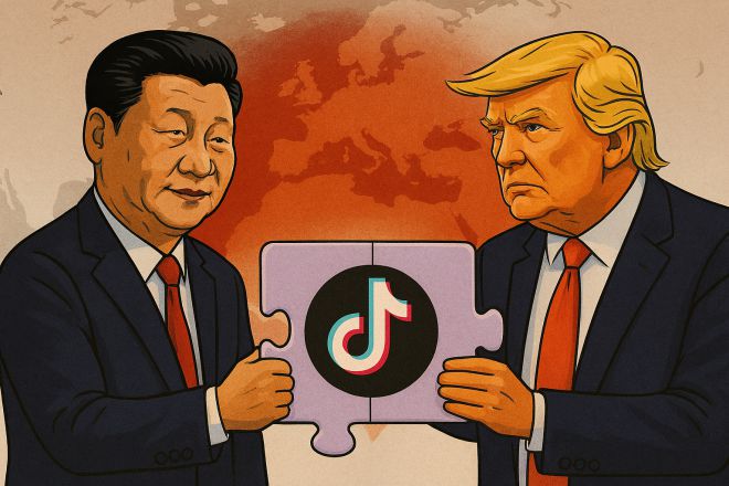 도널드 트럼프(오른쪽) 미국 대통령과 시진핑(왼쪽) 중국 국가주석 간 틱톡 줄다리기를 상징적으로 보여주는 삽화. 마이크로소프트 코파일럿