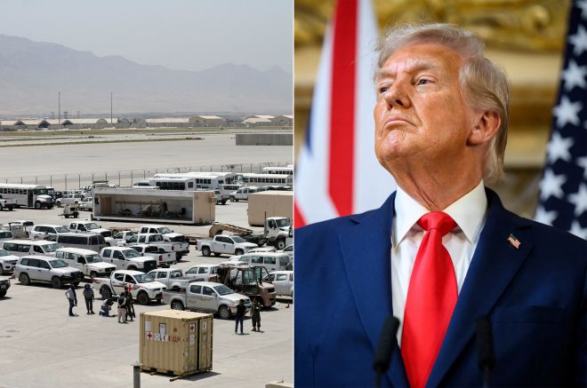 도널드 트럼프 미국 대통령(오른쪽)이 아프간 바그람 공군기지(왼쪽) 반환을 요구하자 탈레반이 강력히 반발하며 논란이 확산하고 있다. 로이터 연합뉴스