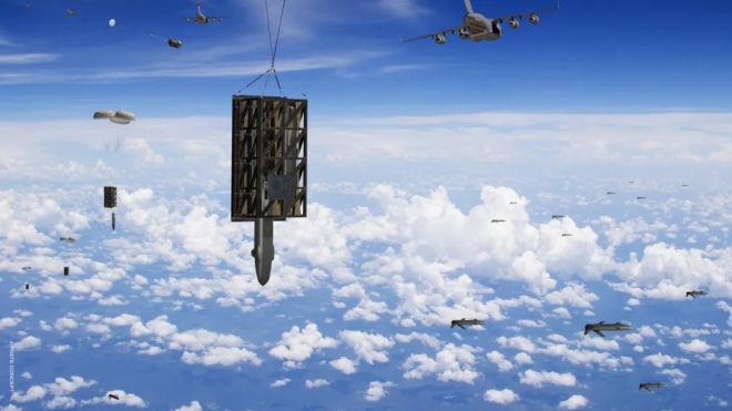 제너럴 아토믹스가 공개한 롱숏 렌더링. C-17 수송기가 ‘래피드 드래곤’ 시스템을 통해 여러 기의 롱숏을 공중에서 투사하는 장면이 묘사돼 있다. 제널럴 아토믹스 제공