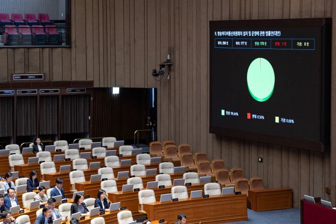 방통위 폐지법 본회의 통과 지켜보는 이진숙 방통위원장 - 27일 서울 여의도 국회에서 열린 제429회 국회(정기회) 제9차 본회의에서 방송미디어통신위원회의 설치 및 운영에 관한 법률안(대안)이 재석 177인 중 찬성 176인, 반대 1인으로 가결되고 있다. 2025.9.27 뉴스1