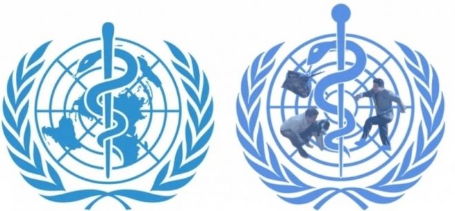 세계보건기구(WHO) 공식 로고(왼쪽)와 노무현 전 대통령 조롱 목적으로 변형된 로고에서 합성 이미지의 원본 사진을 표시한 이미지(오른쪽). WHO 공식 홈페이지·온라인 커뮤니티 캡처