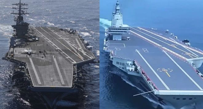 미국 니미츠급 항공모함(왼쪽)과 곧 취역을 앞둔 중국 푸젠함. 자료사진