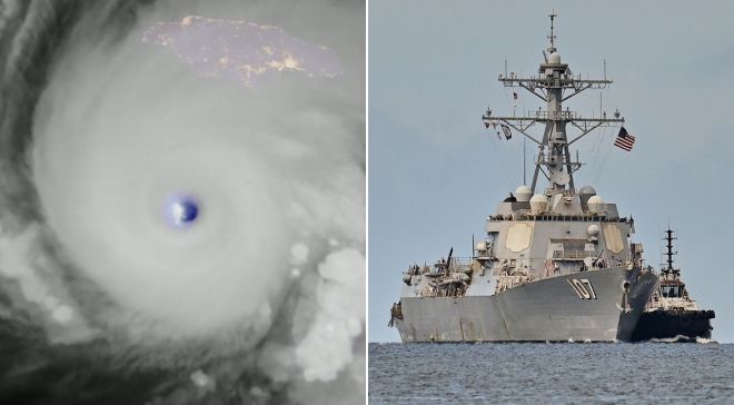 왼쪽은 10월 27일 위성영상에 포착된 초강력 5등급 허리케인 ‘멀리사’의 중심부로, 폭풍이 자메이카 서쪽으로 이동하고 있다. 오른쪽은 미국 구축함 그래블리함이 10월 26일(현지시간) 트리니다드토바고 포트오브스페인 항에 입항하는 모습이다. 허리케인 접근으로 미 해군 전단 일부는 항로를 조정했으며 카리브해 일대에서는 미군의 마약 단속 작전이 계속 진행 중이다. CSU/CIRA & NOAA · AP 연합뉴스