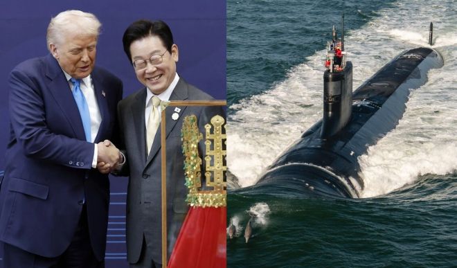 이재명 대통령이 29일 경북 경주박물관에서 도널드 트럼프 미국 대통령에게 ‘천마총 금관 모형’을 선물한 뒤 악수하고 있다. 연합뉴스