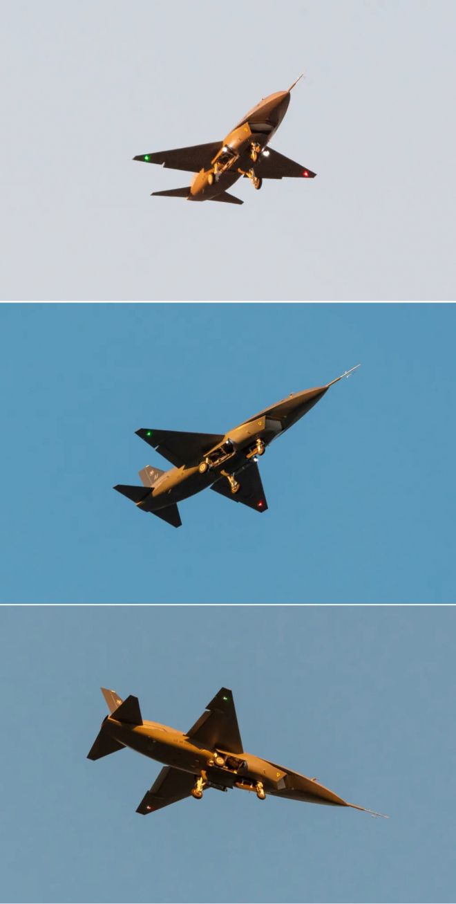 미국 방산 기업 안두릴이 개발한 협동 전투 무인기 YFQ-44A ‘퓨리’가 첫 시험 비행 중 하강하며 기수를 들고 비행하고 있다. 주익 끝단에는 항법등이 점등돼 있으며, 기수에는 비행시험용 데이터 프로브가 장착돼 있다. 2025년 10월 31일 캘리포니아 빅토르빌 상공. 출처=워존