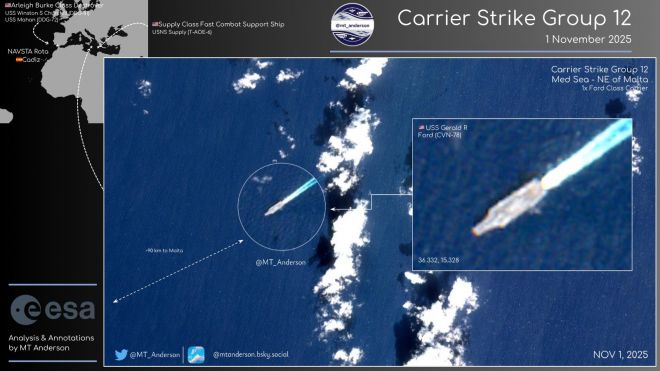 유럽우주국(ESA) 위성사진에 포착된 미 해군 항공모함 USS 제럴드 R. 포드(CVN-78)가 11월 1일(현지시간) 몰타 북동쪽 지중해 해역을 항해하고 있다. 전문가 MT 앤더슨은 “포드 전단이 남부사령부(SOUTHCOM) 작전을 위한 재편성 단계에 들어섰다”며 “보급함 USNS 서플라이와 구축함 USS 베인브리지가 합류한 뒤 카리브해로 이동할 가능성이 크다”고 분석했다. MT 앤더슨 제공 ESA 위성자료 활용