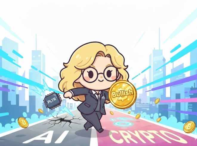 캐시 우드 아크인베스트 최고경영자(CEO)의 인공지능(AI) 기업 ‘팔란티어’에서 가상화폐 거래소 ‘불리시’로의 투자 방향 전환을 형상화한 일러스트.