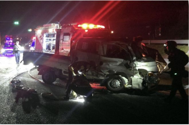 6일 전남 장성에서 화물차끼리 충돌해 1톤 트럭에 타고 있던 어머니가 숨지고 아들이 중태다. (연합뉴스 제공)