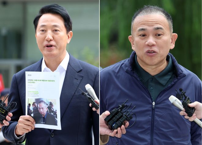 오세훈-명태균 - 오세훈(왼쪽사진) 서울시장과 명태균 씨가 8일 오전 서울 종로구 KT광화문 웨스트빌딩에 마련된 김건희 여사 관련 의혹을 수사하는 민중기 특별검사 사무실에서 진행되는 소환조사에 각각 출석하고 있다. 2025.11.08. 20 뉴시스