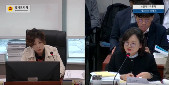 정경자 의원이 12일 열린 제387회 정례회 보건복지위원회 행정사무감사에서 피감기관을 상대로 질의하고 있다.(사진=경기도의회)