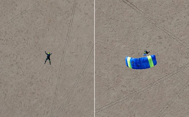 스카이다이버 가브리엘 브라운이 태양 앞 실루엣 촬영에 나섰던 실제 점프 장면. 약 1,070m 상공에서 자유낙하를 한 뒤 낙하산을 펼치는 과정이 드론 영상으로 포착됐다. 앤드루 매카시 인스타그램