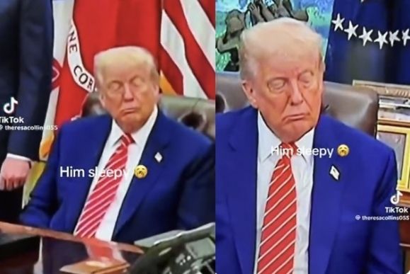 도널드 트럼프 미국 대통령이 지난 5월 13일(현지시간) 사우디아라비아 리야드 왕궁에서 열린 서명식에서 졸린 듯 조는 모습이 포착됐다. NBC 뉴스 제공