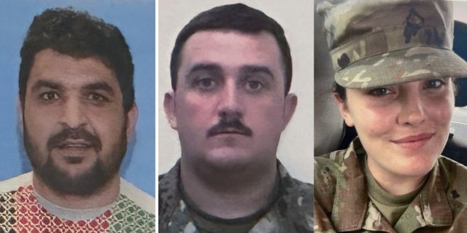 왼쪽은 27일(현지시간) 미 검찰이 공개한 아프가니스탄 출신 용의자 라흐마눌라 라칸왈. 그는 워싱턴 인근에서 미 방위군 병사 두 명을 총격한 혐의를 받고 있다. 가운데는 부상을 입은 앤드루 울프 하사, 오른쪽은 숨진 세라 벡스트롬 상병의 생전 모습. AP 연합뉴스