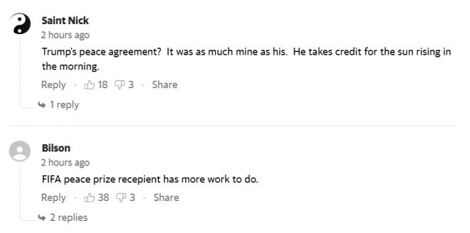 CNN 보도에 달린 온라인 댓글 일부. 이용자들은 “트럼프의 평화협정이 내 것만큼이나 허황되다”, “FIFA 평화상 수상자는 아직 할 일이 많다”며 트럼프 대통령의 중재 성과를 조롱했다. CNN·야후뉴스 갈무리