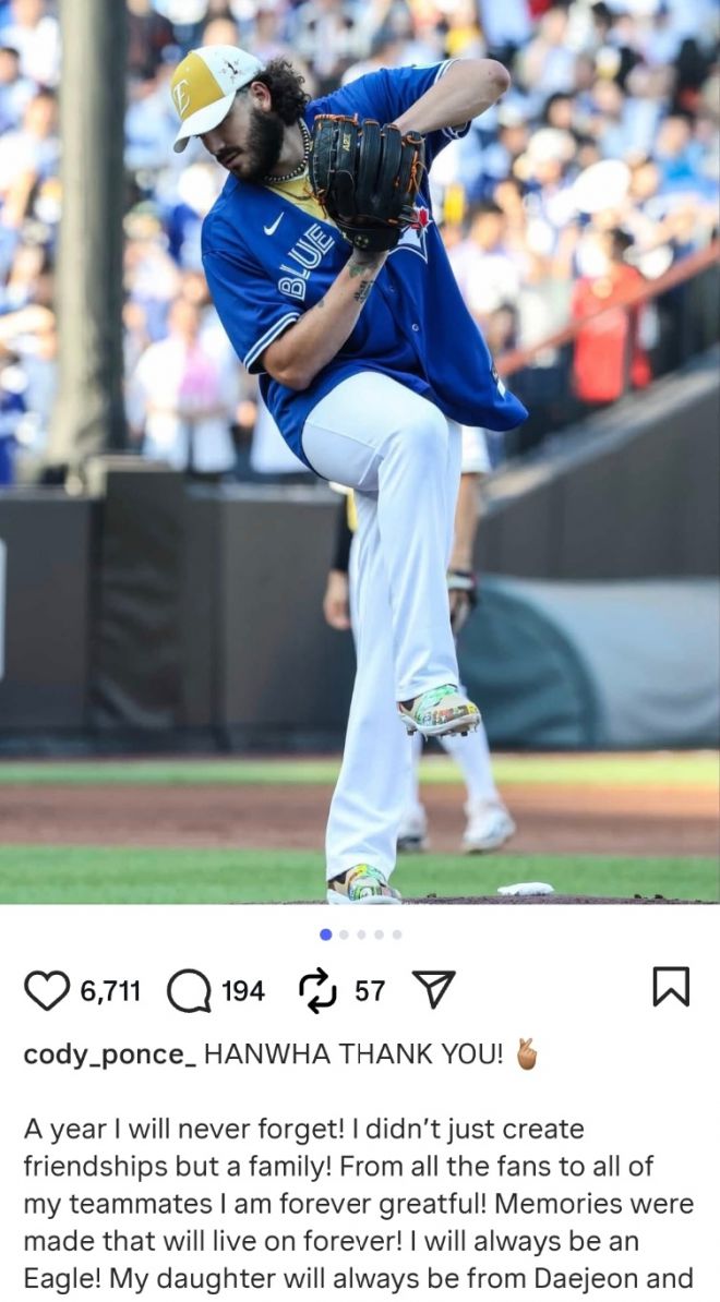 미국프로야구 메이저리그(MLB) 토론토 블루제이스에 입단한 투수 코디 폰세가 한국 팬들에게 작별 인사를 남겼다. 폰세 인스타그램 캡처