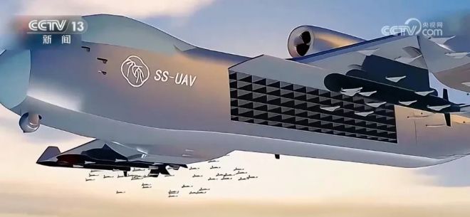 중국 국영방송 CCTV가 공개한 제트 추진 무인기 ‘지우톈(九天·Jiutian)’의 군집드론 운용 개념도. 기체 하부 ‘벌집 모듈’을 통해 다수의 소형 드론이 동시에 전개되는 장면을 묘사하고 있다. CCTV 캡처