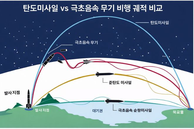 전통적인 탄도미사일, 극초음속 부스트-글라이드 무기, 준탄도 미사일, 극초음속 순항미사일의 비행 궤적을 비교한 개념도. 극초음속 무기는 낮은 고도와 기동 비행으로 요격이 어렵다. 미 회계감사원(GAO)