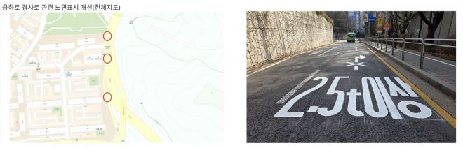 금하로 경사로 노면표시 개선 3개 지점 위치 및 실제 사진