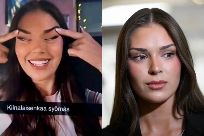 왼쪽은 소셜미디어에 퍼져 논란이 된 사라 자프체의 모습. 11일(현지시간) 핀란드 헬싱키에서 기자회견에 참석한 자프체의 모습. AP 연합뉴스