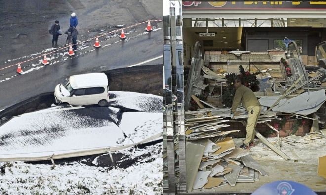 지난 9일 일본 혼슈 동북부 아오모리현 도호쿠에서 차 한 대가 붕괴한 도로에 위태롭게 걸려 있다(왼쪽 사진). 하치노헤에서는 한 남성이 무너져내린 상가 내부의 잔해를 치우고 있다. 전날 밤 아오모리현 앞바다에서 발생한 규모 7.5의 강진으로 도로와 건물 등이 피해를 본 가운데, 일본 정부는 후발 지진 주의 정보를 발표했다. AP 연합뉴스