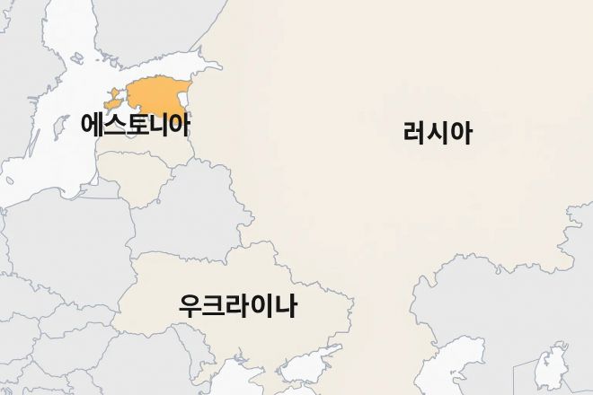 에스토니아(주황색)와 러시아, 우크라이나를 중심으로 한 동유럽 지도. 러시아와 맞닿은 에스토니아 북동부 국경은 나토 동부 방위선의 최전선으로 평가된다. 그래픽=서울신문 뉴미디어랩 제작·AI 이미지