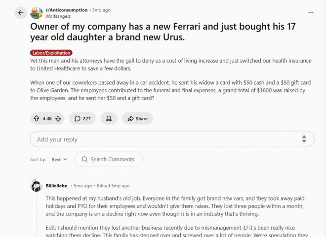 미국 온라인 커뮤니티 레딧에 지난 7월 말 게시된 사연 화면. 회사 오너의 호화 소비와 직원 처우를 둘러싼 문제 제기가 댓글 수백 개의 공감을 얻었다. 레딧 캡처