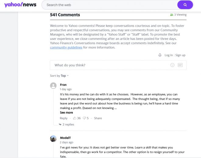 벤징가 보도가 실린 야후뉴스 댓글 화면. 기사 게시 이후 500개가 넘는 댓글이 달리며 오너의 사치와 직원 처우를 둘러싼 찬반 여론이 이어졌다. 야후뉴스 캡처