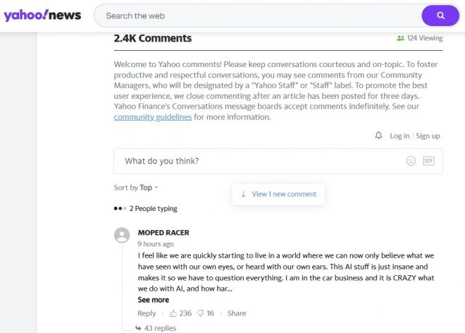 야후뉴스 기사 댓글 화면. 게시 10시간 만에 댓글 수가 2400개를 넘기며 사진의 진위와 AI 조작 가능성, 정보 신뢰 문제를 둘러싼 논쟁이 확산되고 있다. 야후뉴스 화면 캡처