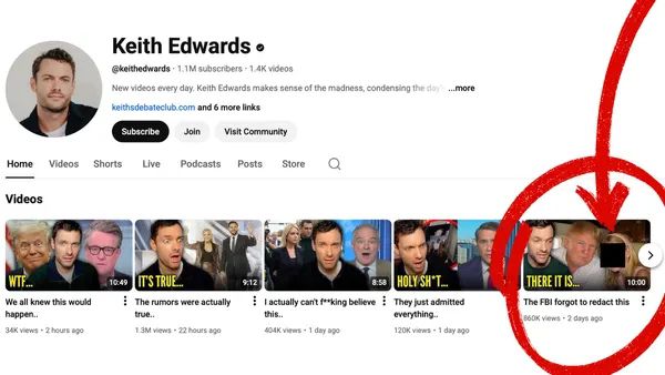 엡스타인 파일 관련 의혹을 다룬 유튜브 채널 화면. 문제의 사진은 영상 썸네일로만 사용됐으며, 출처와 진위는 확인되지 않았다. 유튜브 계정 @keithedwards 화면 캡처