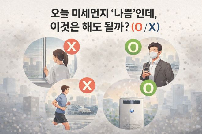 미세먼지가 ‘나쁨’ 수준인 날, 일상 속 행동 가운데 해도 되는 것과 피해야 할 것을 O·X로 정리한 안내 일러스트. 외출·운동·환기·실내 관리 등 기본 수칙을 한눈에 보여준다. ⓒ서울신문 뉴미디어랩
