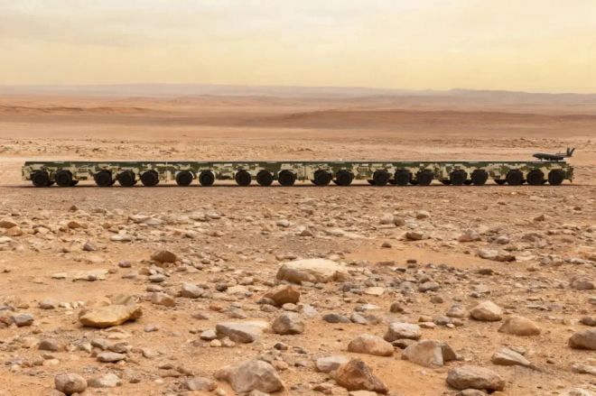 중국 톈타오 테크놀로지가 공개한 조립형 이동식 전자기 사출기 개념도. 바퀴 달린 여러 구성체를 연결해 사출 궤도를 형성하는 방식으로, 활주로 없이도 대형 드론을 발사하는 운용을 염두에 둔 설계다. 톈타오 테크놀로지 제공