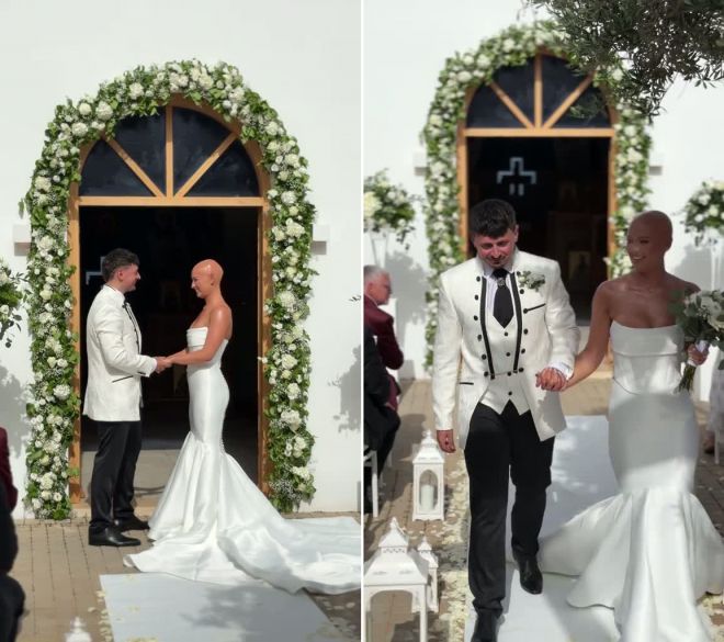 하객들의 축복 속에 혼인 서약을 나눈 뒤 함께 걸어 나오는 다니 G와 잭 윌리스. 다니는 선천성 탈모를 숨기지 않고 자신의 모습 그대로 결혼식에 섰다. 다니G메이크업1 틱톡