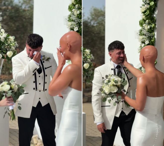 혼인 서약을 앞두고 눈물을 훔치는 잭 윌리스와 이를 바라보는 다니 G. ‘가발 없는 신부’의 선택은 예식 순간 두 사람 모두에게 깊은 감정을 안겼다. 다니G메이크업1 틱톡