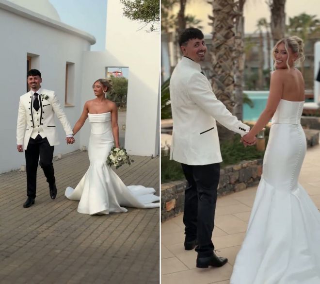 가발을 착용한 채 남편 잭 윌리스와 손을 잡고 걷는 다니 G의 모습. 영상 말미에 삽입된 해당 장면은 촬영을 위한 연출 컷으로, 실제 결혼식에서는 가발 없이 버진로드에 섰다. 다니G메이크업1 틱톡