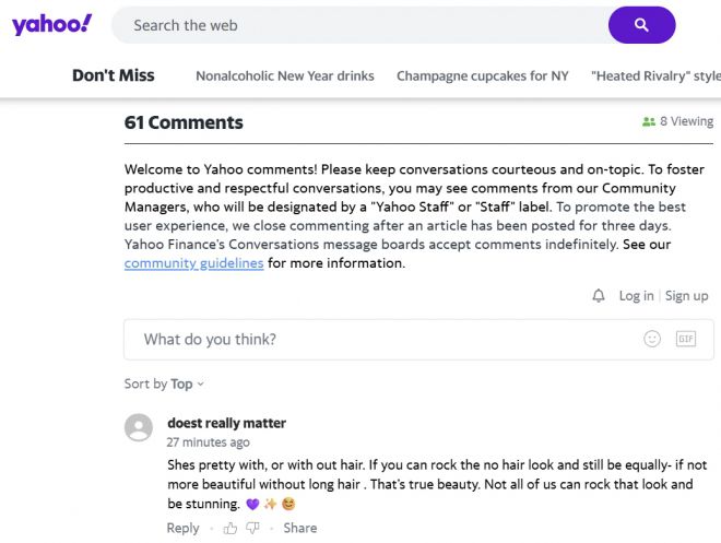 야후뉴스 댓글창에 “머리카락이 있든 없든 아름답다”며 다니 G의 선택을 응원하는 반응이 이어지고 있다. 독자들은 ‘진정한 아름다움’과 ‘자신감’을 강조하며 긍정적인 평가를 남겼다. 야후뉴스 캡처