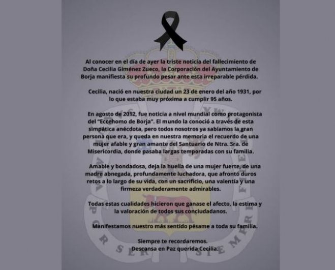 보르하시가 페이스북에 올린 세실리아 히메네스 추모 글. 보르하시는 “세실리아 여사의 슬픈 비보를 접하며, 보르하 시의회는 이 돌이킬 수 없는 상실에 깊은 애도를 표한다”면서 “세상은 유쾌한 해프닝을 통해 그녀를 알게 되었지만, 우리 모두는 그녀가 얼마나 훌륭한 사람이었는지 이미 잘 알고 있었다”고 전했다. 보르하시 페이스북 캡처