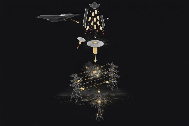 미국 공군의 BLU-114/B ‘그래파이트 폭탄’ 작동 개념도. 전투기에서 투하된 폭탄이 공중에서 다수의 소형 캔스터로 분산되고, 낙하산을 단 캔스터가 하강하며 탄소섬유 필라멘트를 확산시켜 송전선과 변류 설비를 단락(쇼트)시킨다. 폭발 없이 대규모 정전을 유발해 전력·통신·방공 인프라를 마비시키는 무기다.