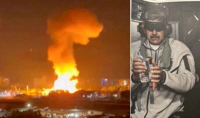 미군의 ‘확고한 결의 작전’이 전개된 3일(현지시간) 베네수엘라 수도 카라카스에서 공습 여파로 연기와 불길이 치솟고 있다(왼쪽). 오른쪽은 미군의 기습 작전으로 체포돼 압송된 니콜라스 마두로 베네수엘라 대통령의 모습. 도널드 트럼프 미국 대통령이 SNS 트루스소셜을 통해 공개했다. 로이터·연합뉴스