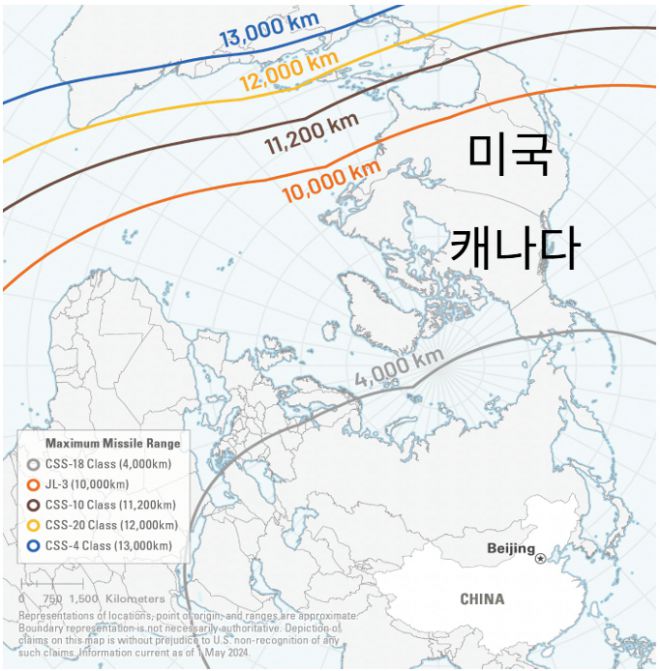 중국의 대륙간 탄도 미사일 사정거리. 출처: 미국 국방부 보고서