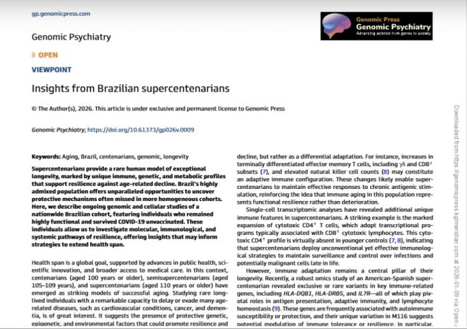 브라질 초고령자의 면역 적응과 장수 특성을 분석한 연구 논문 첫 페이지. 학술지 유전체 정신의학(Genomic Psychiatry) 게재. 자료=Genomic Press